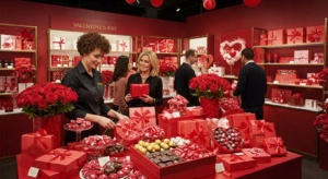 Luxury Valentine’s Day pop-up shop with romantic decor, personalized gifting stations, and interactive shopping experiences