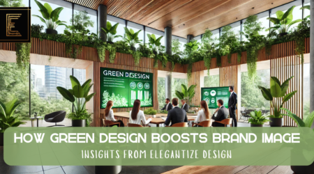 A modern office space filled with lush green plants, wooden furniture, and large windows allowing natural light to enter. A group of professionals is engaged in a business meeting, discussing a green design strategy. A digital presentation on a large screen highlights the benefits of sustainability. The setting is clean, stylish, and eco-conscious, reflecting how green design enhances a brand’s image