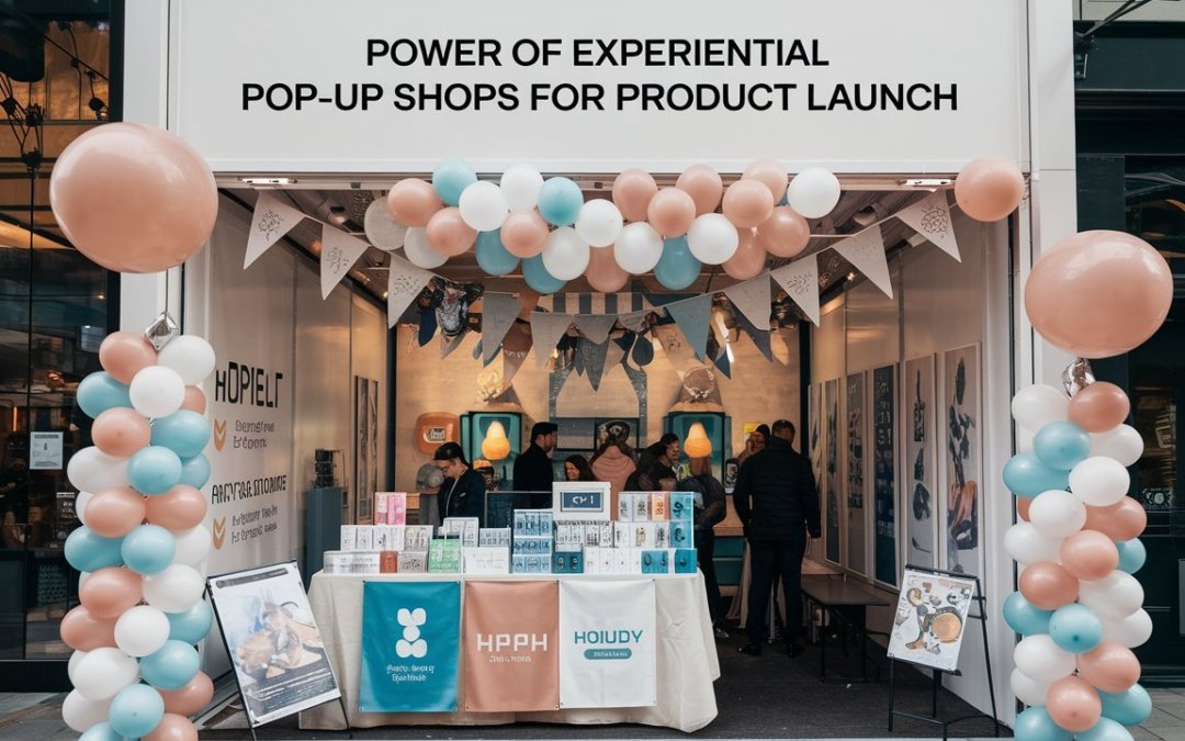 A vibrant experiential pop-up shop featuring interactive displays and engaged customers exploring new products.