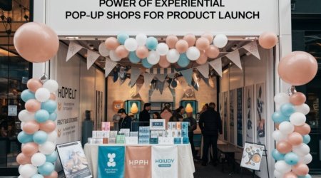 A vibrant experiential pop-up shop featuring interactive displays and engaged customers exploring new products.