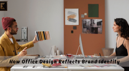 Office design reflecting brand identity with color and layout.